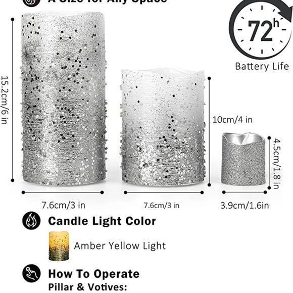 Accents Sparkle Silver Glitter Flameless Candles Wremote Battery